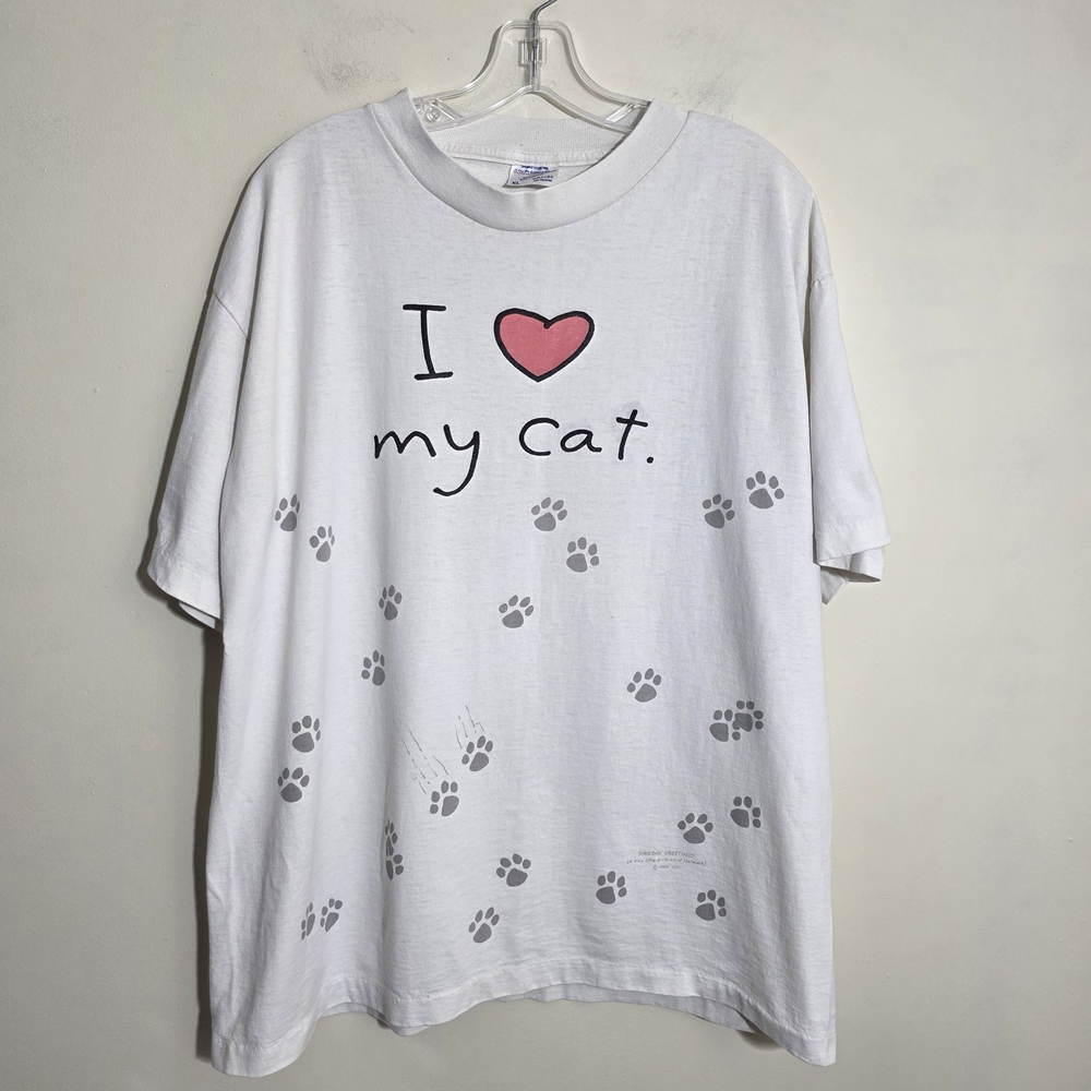 Vintage Hallmark Single Stitch White Tee I Love My Cat Paw Prints Womans Sz XL